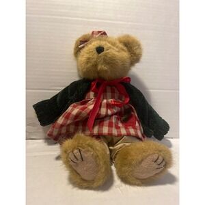 Boyds Collection Teddy Bear Plush Gingham Apple Dress Green Cardigan 10 inch